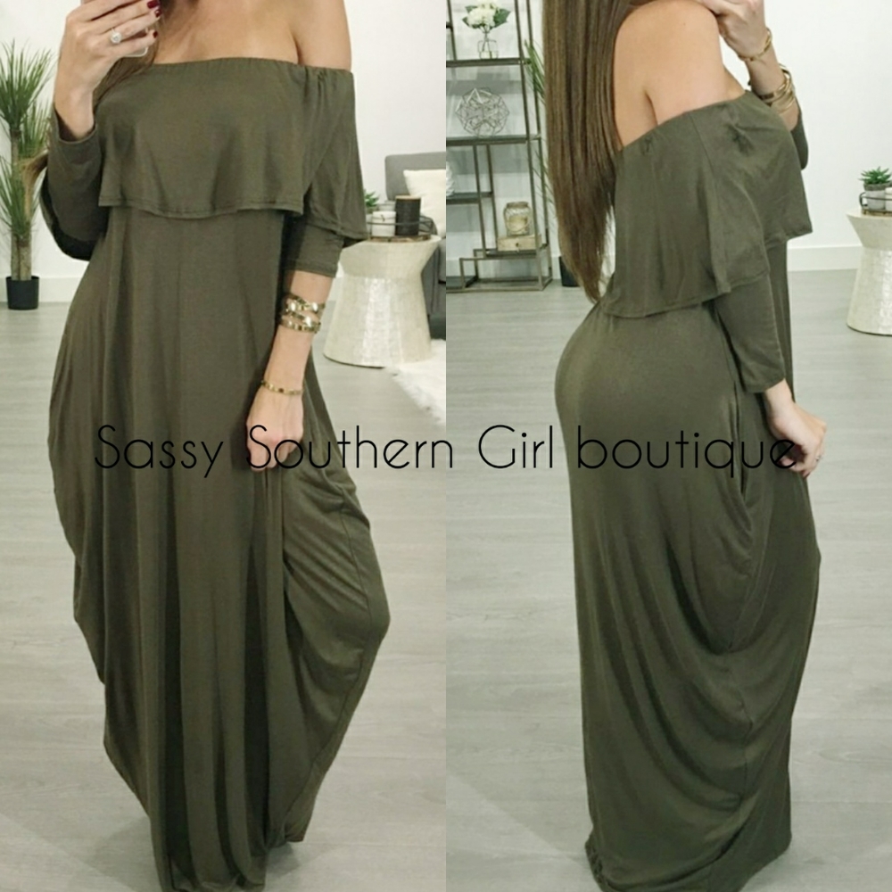 ⭐🆕 Boho Olive green off shoulder maxi dress - Picture 2 of 9